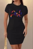 Casual Letter Print Basic O Neck Short Sleeve Bodycon Midi T-shirt Dresses