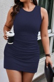 Casual Ruched O Neck Sleeveless Vest Back Cross Formal Party Evening Plus Size Bodycon Mini Tank Dresses