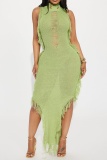 Sexy Turtleneck Sleeveless Fringed Trim Ripped Irregular Hem Vacation Beach Knitted Midi Dresses