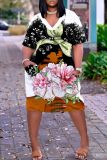 Casual Figure Print Basic V Neck Short Sleeve Pockets Plus Size T-shirt Midi Dresses