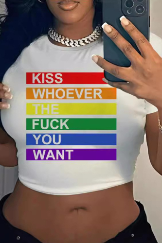 Sexy Rainbow Color Letter Print Short Sleeve O Neck Slim Fitted Crop T-Shirts