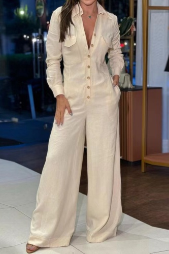 Formal Turndown Collar Long Sleeve Pocket Office Lady Wide Leg Shirt Jumpsuits