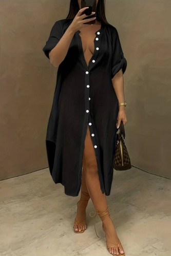 Casual O Neck Half Sleeve Vacation Buckle Loose Fitted Plus Size Maxi Shirt Dresses