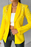 Casual Beading Hot Drill Decor Turn-back Collar Long Sleeve Formal Office Lady Blazer Jackets