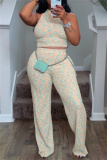 Casual Print O Neck Sleeveless Tank Crop Tops And Wide Leg Pants Vacation Palazzo Pants Sets