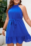 Casual Half A Turtleneck Sleeveless With Belt Ruffle Hem Vacation Plus Size Halter A Line Mini Dresses