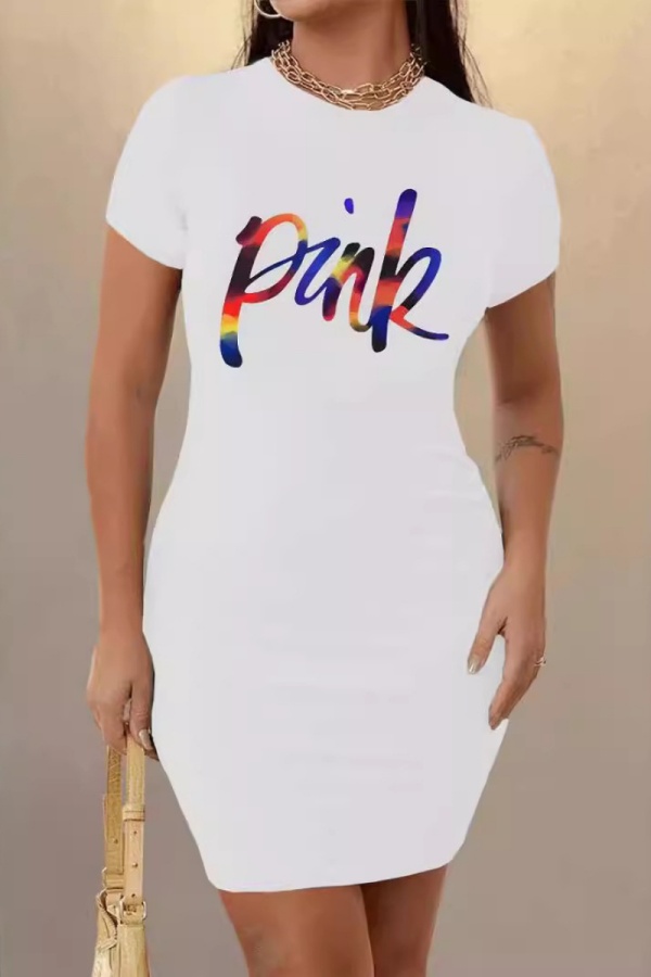 Casual Letter Print Basic O Neck Short Sleeve Bodycon Midi T-shirt Dresses