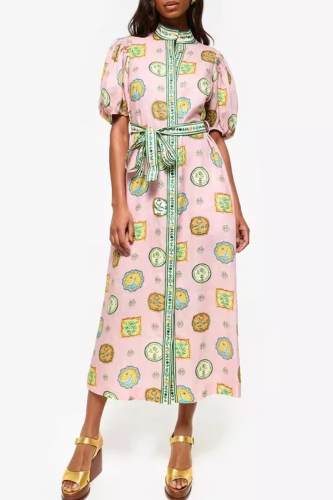 Celebrities Graphics Print O Neck Lantern Sleeve Pocket Buckle Strap Design Long Vacation Belt A Line Maxi Dresses