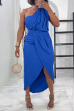 Casual One Shoulder Sleeveless Front Slit Ruched Asymmetrical Hem Vacation Bodycon Pleated Midi Dresses