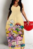 Sexy Cartoon Print Backless Spaghetti Strap Sleeveless Floor Length Long Baggy Vacation Maxi Slip Dresses