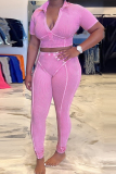 Casual Deep V Neck Short Sleeve Crop Tops And Skinny Pants Two Pieces Trouser Sets