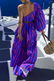 Casual Striped Print Lantern Sleeve Oblique Collar With Belt Irregular Vacation Maxi Swing Dresses