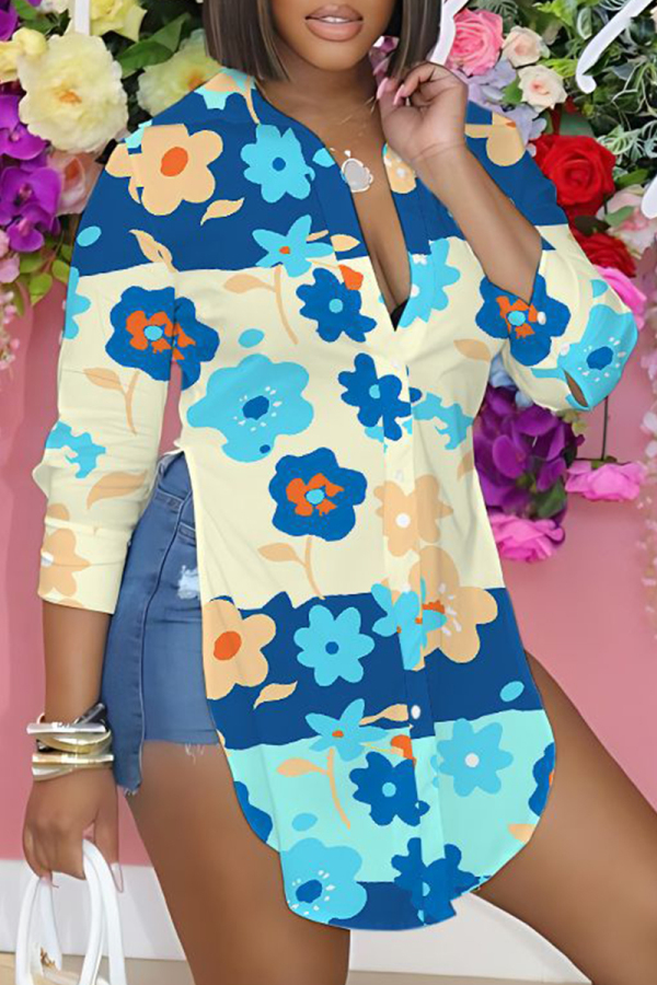 Casual Floral Print Turndown Collar Long Sleeve Side Slit Shirt Blouse