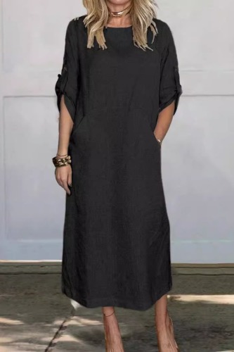 Casual O Neck Half Sleeve Pocket Long Loose Fitted Vacation Maxi Dresses