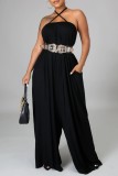 Casual Backless Spaghetti Strap Lace Up Halter Crossover Vacation Loose Wide Leg Jumpsuits