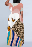 Casual Leopard Print O Neck Short Sleeve Floor Length Baggy Vacation Maxi Dresses
