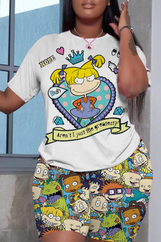 Casual Cartoon Print O Neck Short Sleeve Oversize T-shirt And Shorts Two Pieces Shorts Sets