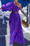Casual Striped Print Lantern Sleeve Oblique Collar With Belt Irregular Vacation Maxi Swing Dresses