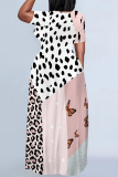 Casual Leopard Print O Neck Short Sleeve Floor Length Baggy Vacation Maxi Dresses