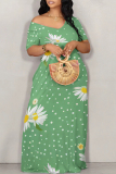 Sexy Flowers Print Off Shoulder Short Sleeve Floor Length Vacation Loose Maxi Dresses