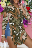 Casual Floral Print Turndown Collar Long Sleeve Side Slit Shirt Blouse