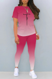 Sportwear Casual Gradient Print Letter Print O Neck Short Sleeve Oversize T-shirt And Slim Fitted Pants Matching Sets Two Pieces Trouser Sets
