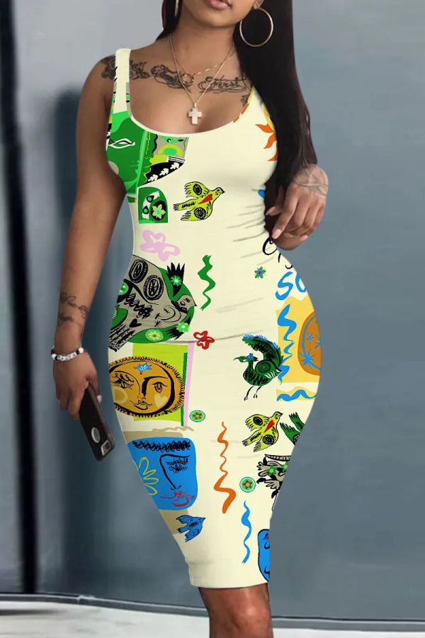 Casual Graphics Print Basic U Neck Vest Bodycon Midi Tank Dresses