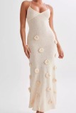 Sexy Flowers Decor Backless Spaghetti Strap Lace Up Mermaid Hem Vacation Beach Knit Maxi Slip Dresses