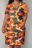 Casual Camouflage Print V Neck Short Sleeves Pocket Plus Size Loose T-shirt Dresses