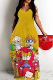 Sexy Cartoon Print Backless Spaghetti Strap Sleeveless Floor Length Long Baggy Vacation Maxi Slip Dresses