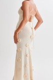 Sexy Flowers Decor Backless Spaghetti Strap Lace Up Mermaid Hem Vacation Beach Knit Maxi Slip Dresses