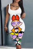 Casual Cartoon Print Basic U Neck Sleeveless Vest Bodycon Midi Tank Dresses