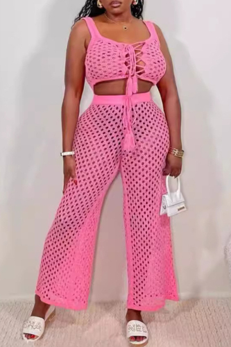 Sexy U Neck Sleeveless Hollow Out Strap Design Knit Tank Crop Tops And Wide Leg Pants Vacation Two Pieces Trouser Sets