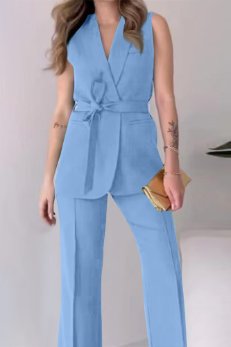 Casual V Neck Sleeveless Lace Up Blazer Jackets And Straight Leg Pants Formal Party Evening Two Pieces Suit Sets