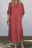 Casual O Neck Half Sleeve Pocket Long Loose Fitted Vacation Maxi Dresses