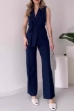 Casual V Neck Sleeveless Lace Up Blazer Jackets And Straight Leg Pants Formal Party Evening Two Pieces Suit Sets