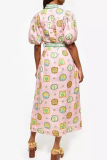 Celebrities Graphics Print O Neck Lantern Sleeve Pocket Buckle Strap Design Long Vacation Belt A Line Maxi Dresses