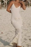 Sexy Flowers Decor Backless Spaghetti Strap Lace Up Mermaid Hem Vacation Beach Knit Maxi Slip Dresses