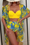 Sexy Tropical Print Swimsuit Long Cardigan Bra and Mini Shorts Bikini Sets Beach Vacation Three Piece Set Swimwears