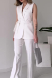 Casual V Neck Sleeveless Lace Up Blazer Jackets And Straight Leg Pants Formal Party Evening Two Pieces Suit Sets