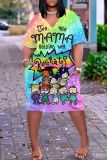 Casual Cartoon Print Basic V Neck Short Sleeve Pockets Loose T-shirt Dresses