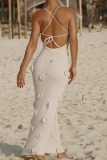 Sexy Flowers Decor Backless Spaghetti Strap Lace Up Mermaid Hem Vacation Beach Knit Maxi Slip Dresses