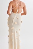 Sexy Flowers Decor Backless Spaghetti Strap Lace Up Mermaid Hem Vacation Beach Knit Maxi Slip Dresses