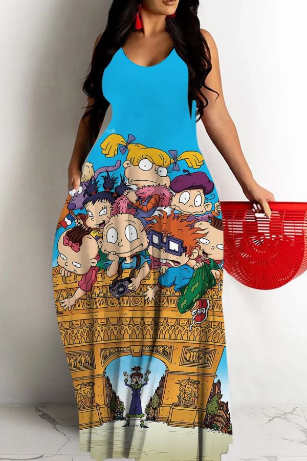 Sexy Cartoon Print Backless Spaghetti Strap Sleeveless Floor Length Long Baggy Vacation Maxi Slip Dresses
