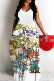 Sexy Cartoon Print Backless Spaghetti Strap Sleeveless Floor Length Long Baggy Vacation Maxi Slip Dresses