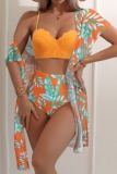 Sexy Tropical Print Swimsuit Long Cardigan Bra and Mini Shorts Bikini Sets Beach Vacation Three Piece Set Swimwears