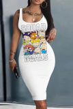 Casual Cartoon Print Basic U Neck Sleeveless Vest Bodycon Midi Tank Dresses