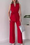 Casual V Neck Sleeveless Lace Up Blazer Jackets And Straight Leg Pants Formal Party Evening Two Pieces Suit Sets