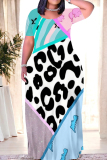 Casual Leopard Print O Neck Short Sleeve Floor Length Baggy Vacation Maxi Dresses