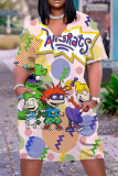 Casual Cartoon Print Basic V Neck Short Sleeve Pockets Loose T-shirt Dresses